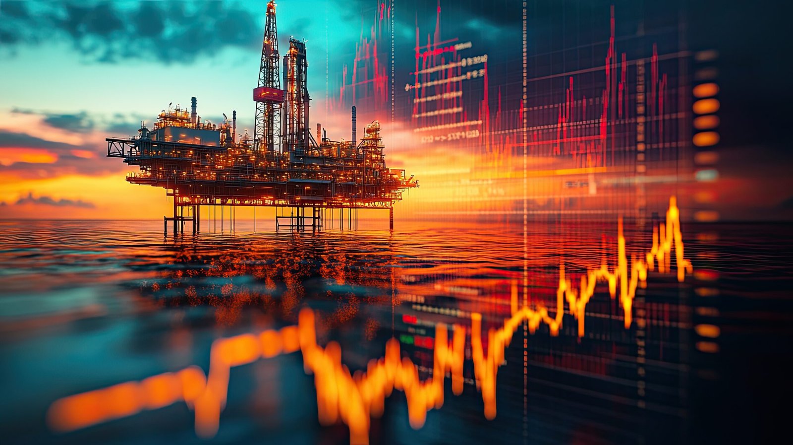 180. Oil price scene, with an oil rig and market graphs