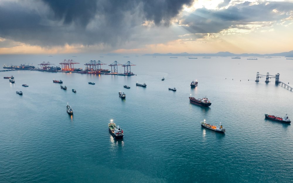 groups of oil and gas LPG. container tank ship floating in sea. transportation concept. drone of point view