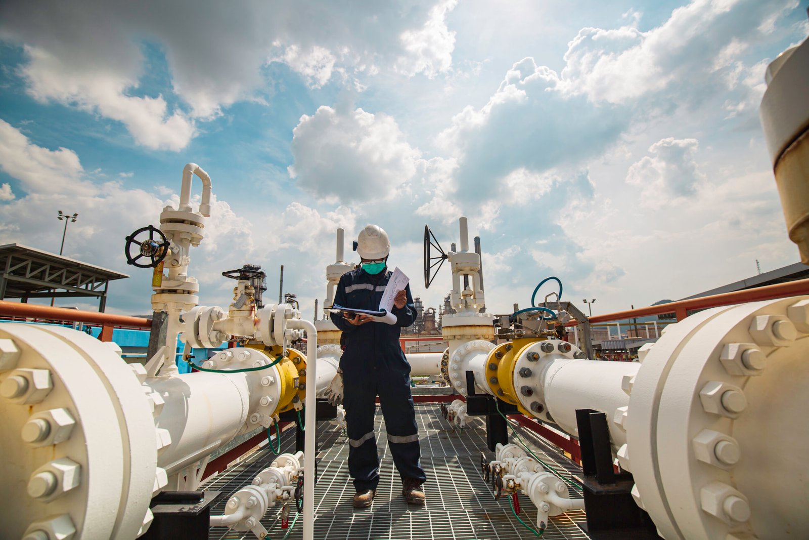 Male worker inspection at steel long pipes and pipe elbow in station oil factory during refinery valve of visual check record pipeline oil and gas industry.